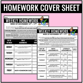 homework cover sheet 2nd grade