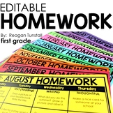 Editable Homework First Grade