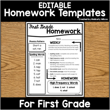 Preview of Editable Homework Packet Templates Cover Pages First Grade