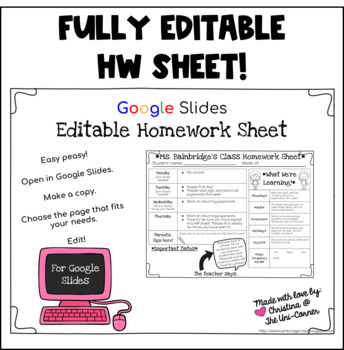 Preview of Editable Homework Sheet for Google Slides