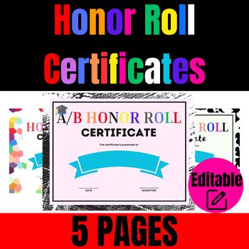 Preview of Editable Honor Roll Certificates, A Honor Roll And A/B Honor Roll Certificates