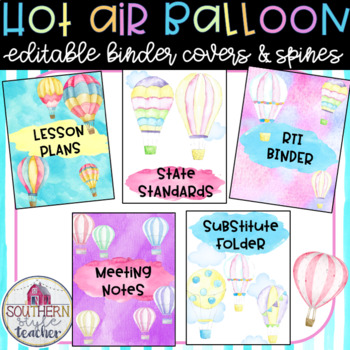 Preview of Editable Hot Air Balloon Watercolor Classroom Theme Binder Covers and Spines
