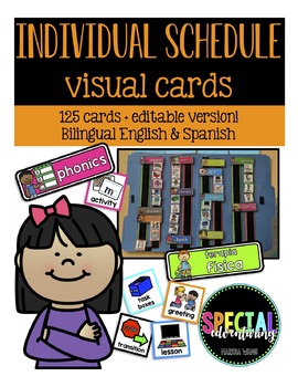 Preview of Editable Individual Student Visual Schedule Cards- Bilingual English & Spanish
