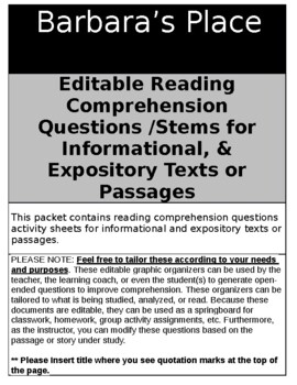 Preview of Editable Informational Expository Reading Comprehension Question Stem Organizers