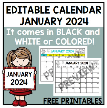 Preview of Editable January 2024 Calendar