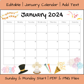 Preview of Editable January 2024 Calendar Printable | PDF & PNG File Downloads
