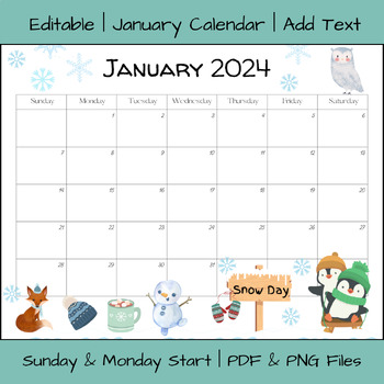 Editable January 2024 Calendar Printable by Virtual Learning Loft