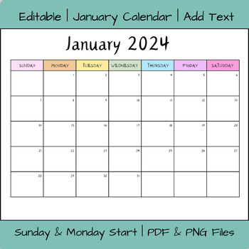 Editable January 2024 Calendar Printable | PDF & PNG File Downloads