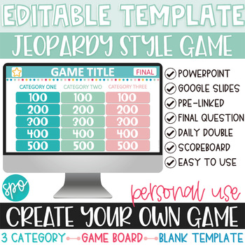Preview of Editable Jeopardy Game Template 3 Category Blank Game Board- Personal Use