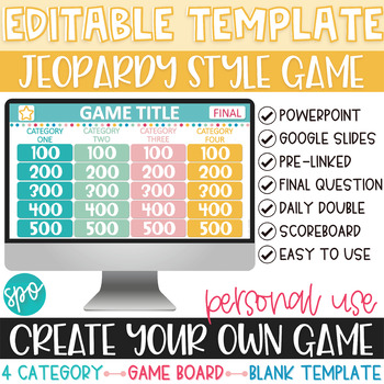 Preview of Editable Jeopardy Game Template 4 Category Blank Game Board- Personal Use