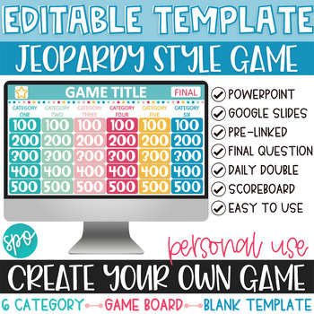 Preview of Editable Jeopardy Game Template 6 Category Blank Game Board- Personal Use