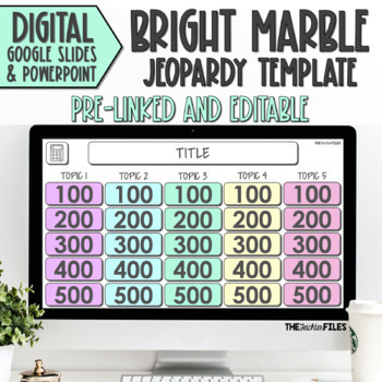 Preview of Editable Jeopardy Template Bright Marble Theme Google Slides Classroom Games