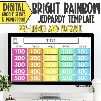 Preview of Editable Jeopardy Template Bright Rainbow Theme Google Slides Classroom Games