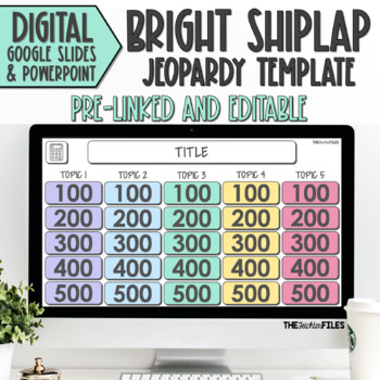 Preview of Editable Jeopardy Template Bright Shiplap Theme Google Slides Classroom Games