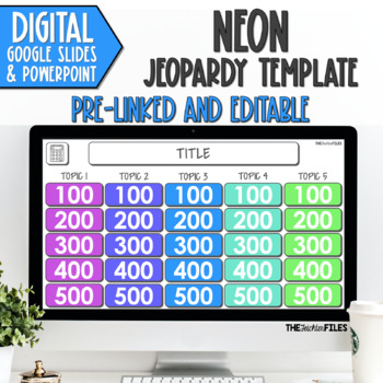 Preview of Editable Jeopardy Template Neon Theme Google Slides Classroom Games