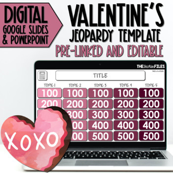 Preview of Editable Jeopardy Template Valentine's Day Theme Google Slides Classroom Games
