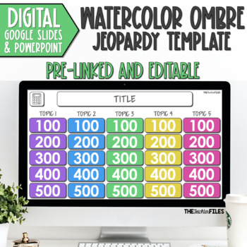 Preview of Editable Jeopardy Template Watercolor Ombre Theme Google Slides Classroom Games