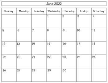 Editable June 2022 Calendar | June Calendar Editable 2022 by BazLearning