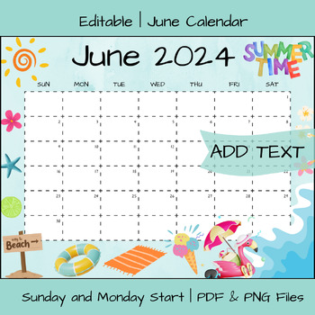 Preview of Editable June 2024 Calendar Printable Templates | PDF & PNG File Downloads