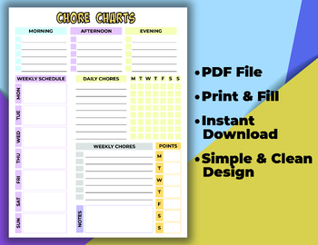 Preview of Fillable Kids Chore Charts, Daily Checklist, Weekly Chores PDF printable.