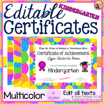 Preview of Editable Kindergarten Certificates for End of Year - Bright Multicolor