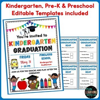 Editable Kindergarten Graduation Diploma, Invitation & RSVP Bundle