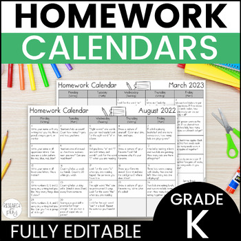 Preview of Editable Kindergarten Homework Calendars for the Year (English and Spanish)