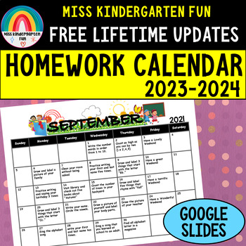 Preview of Editable Kindergarten Monthly Homework Calendar Google Slides | Free Updates