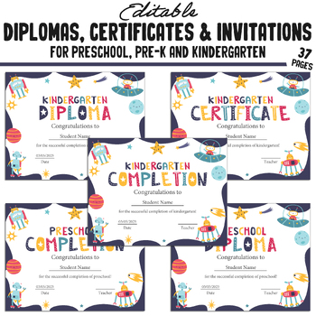 Preview of Editable Kindergarten, Pre-K, Preschool Certificates, Diplomas & Invitations