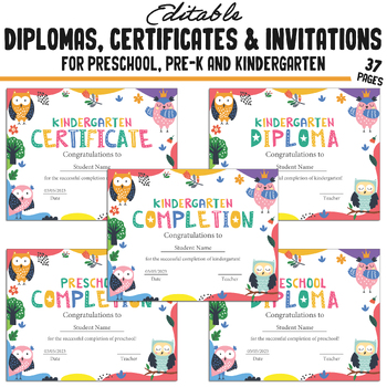 Preview of Editable Kindergarten, Pre-K, Preschool Certificates of Completion & Invitations