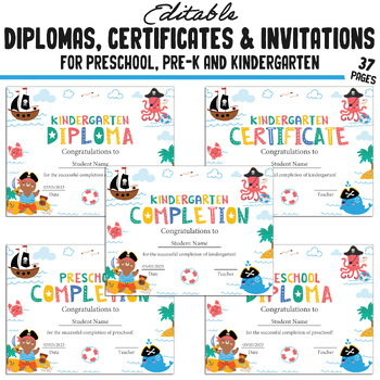 Preview of Editable Kindergarten, Pre-K, Preschool Completion Certificates and Diplomas