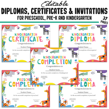 Preview of Editable Kindergarten, Pre-K, and Preschool Diplomas, Certificates + Invitations
