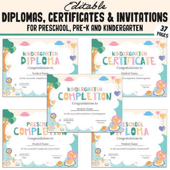Preview of Editable Kindergarten, PreK, Preschool Diplomas, Certificates & Invitations