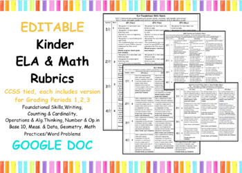 Preview of Editable Kindergarten Rubrics for ELA & Math | CCSS Tied, Editable Google Doc