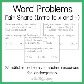 Preview of Editable Kindergarten Word Problems: Fair Share Partitive Division