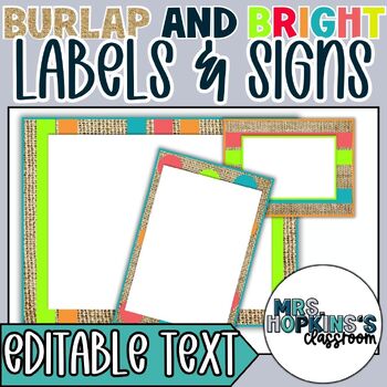 Preview of Quarter Half  Full Sheet Editable Labels and Signs Bright & Burlap Class Decor