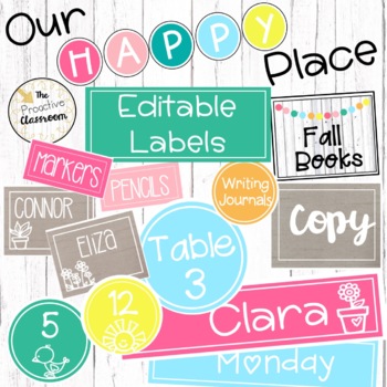 Preview of Editable Labels | Our Happy Place Classroom Decor | Rainbow Book Bins Library