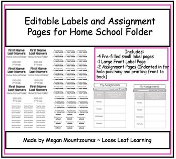 Preview of Editable Labels and Assignment Pages for Home School Folder