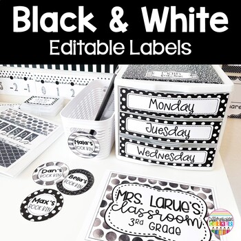 Preview of Editable Labels Black and White Classroom Decor Classroom Posters, Signs, Tags