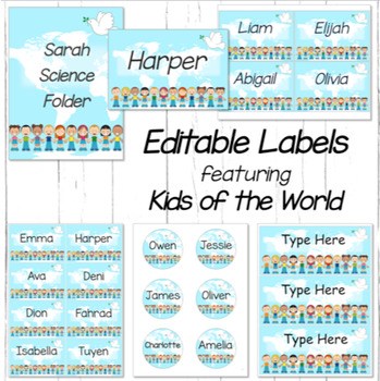 Preview of Editable Labels in Six Sizes - Children of the World Theme