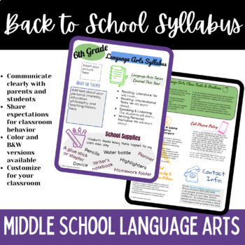 Preview of Editable Language Arts Syllabus Template | Middle School English Language Arts