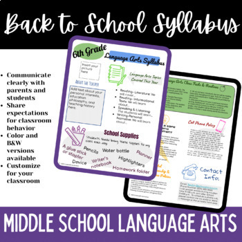 Preview of Editable Language Arts Syllabus Template for Middle School English Language Arts