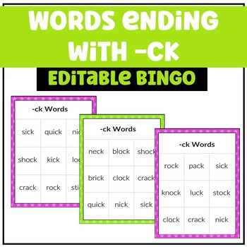 Preview of Common Core ELA BINGO Activity | Editable | Words ending with -ck Review