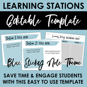 Preview of Editable Learning Stations Template: Blue Sticky Note Theme