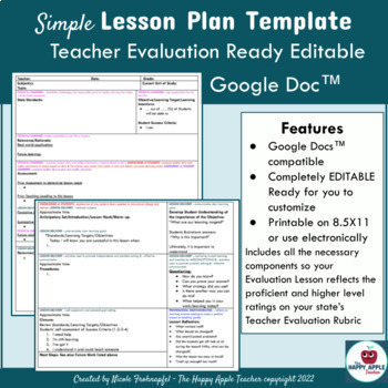 Preview of Editable Lesson Plan Template Teacher Effectiveness Performance Evaluation GDoc