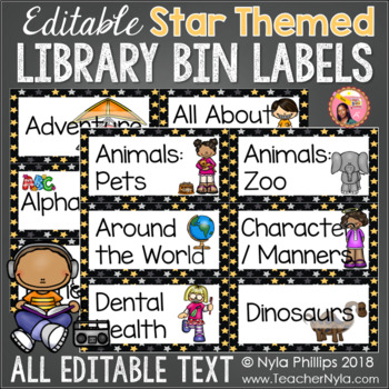 Preview of Editable Library Book Bin Labels with Star Borders