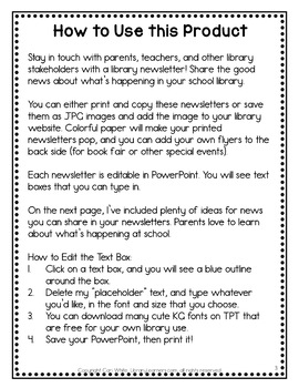 Library Newsletter Templates Editable by Library Learners by Cari White