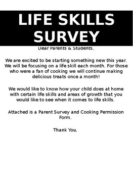 Preview of Editable Life Skills form and survey for parents