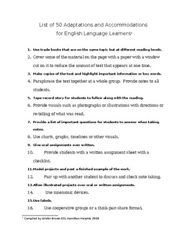Preview of List of 50 Adaptations & Accommodations for English Language Learners (Editable)