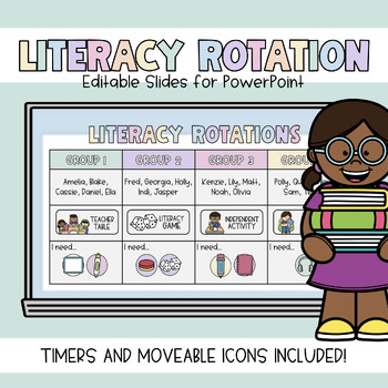 Preview of Editable Literacy Rotation / Centers Slides with Moveable Icons & Timers!